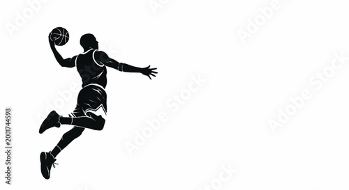 Silhouette of a basketball player jumping for a slam dunk isolated