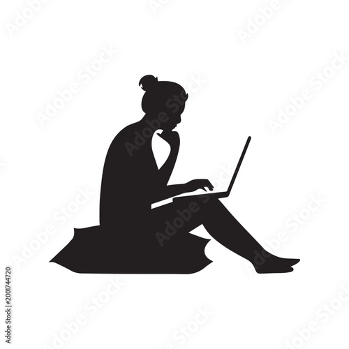 Professional Woman Working On Laptop Silhouette While Sitting On Comfortable Floor Cushion. 