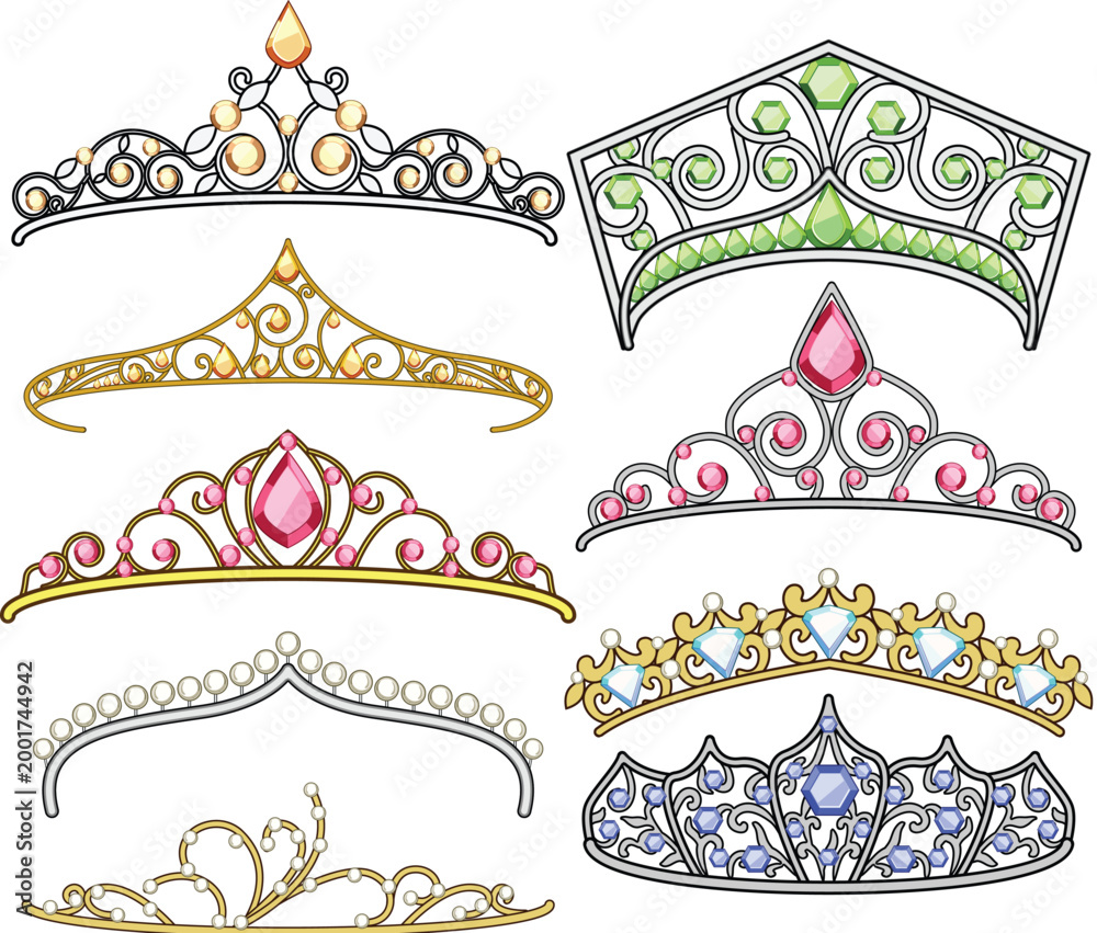 Obraz premium Collection of elegant tiaras and crowns in various designs, featuring sparkling gems, pearls, and intricate gold and silver details, ideal for royal, bridal, or celebration themes