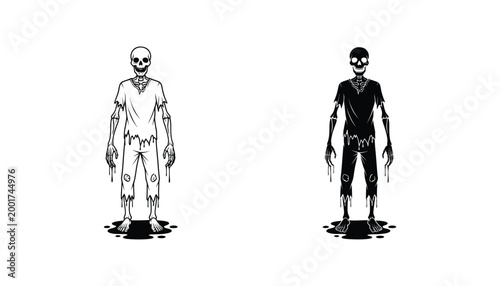 Creepy zombie character standing in a puddle of blood vector illustration for horror themed gaming and Halloween design assets