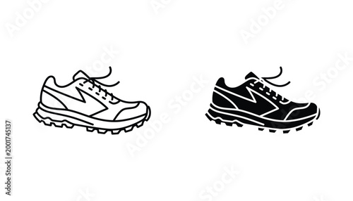 Professional running shoe side view line art and solid black silhouette vector icon set
