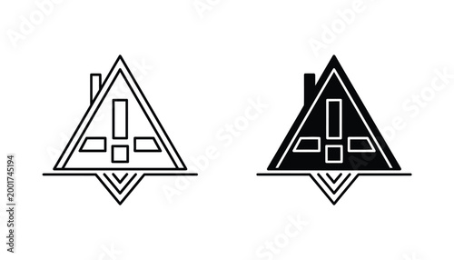 House with large exclamation mark symbol roof line art and silhouette vector logo design