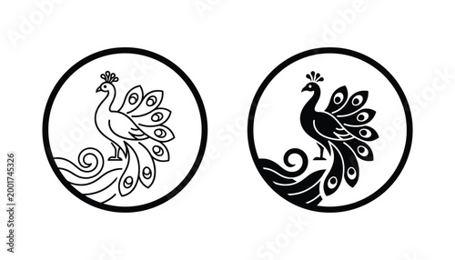 Elegant peacock in a circular frame outline and silhouette symbolizing beauty grace and exoticism