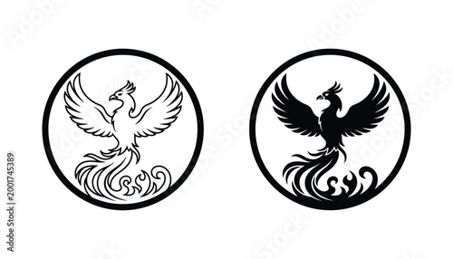 Mythical phoenix bird rising from flames inside circular frame vector illustration
