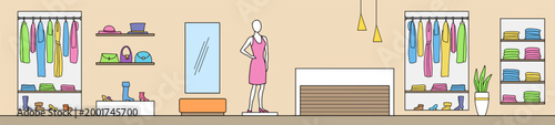 Dress store interior graphic color long sketch illustration vector 