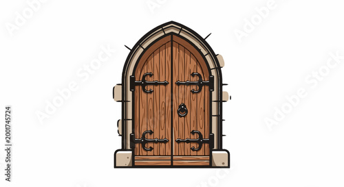 Ornate wooden double doors with a stone frame and iron hinges