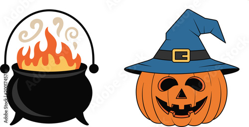 Halloween icons featuring witch cauldron with fire and carved pumpkin wearing hat illustration set