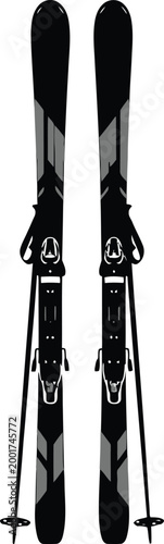 Pair of black and white skiing equipment on a white background