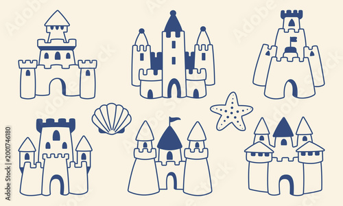 Sand castle set with sea shells and starfish minimal line vector illustration beach play concept summer vacation kids seaside fantasy castles Mediterranean blue style icons collection