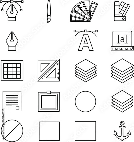 Design tool icons: pen, brush, palette, typography, shapes