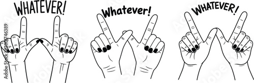 Set of whatever hand gestures with text expressing sarcasm attitude and playful dismissive communication style