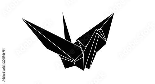 Black origami crane silhouette on white background
