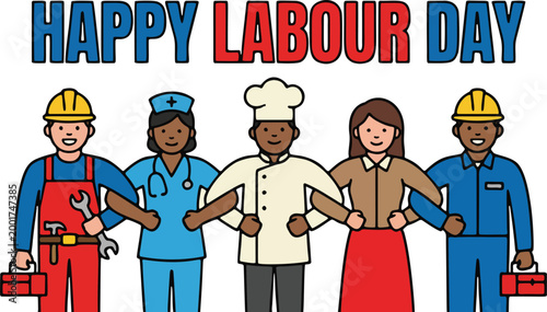 Happy labour day poster with workers group flat vector illustration