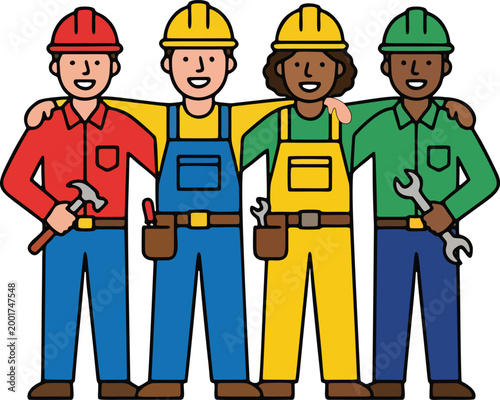 Construction workers team standing together flat vector illustration