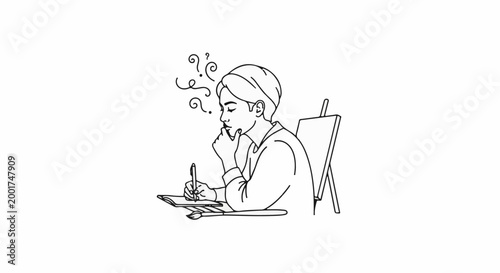 Person pondering while drawing, with an easel and question marks
