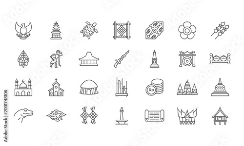 Set of Minimalist Outline Icons Representing Indonesian Culture and Heritage Symbols