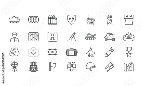 Military Theme Outline Icons Set Representing Warfare Equipment and Personnel for Digital Projects