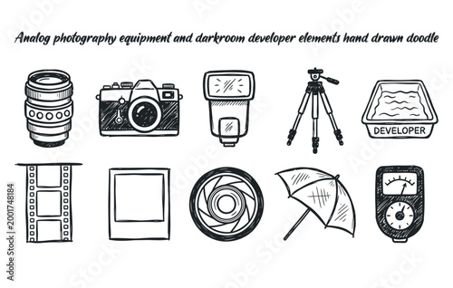 Analog photography equipment and darkroom developer elements hand drawn doodle