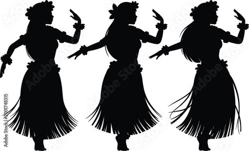 Hula dancers silhouettes performing traditional Hawaiian dance with grass skirts and expressive hand movements
