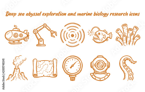 Deep sea abyssal exploration and marine biology research icons