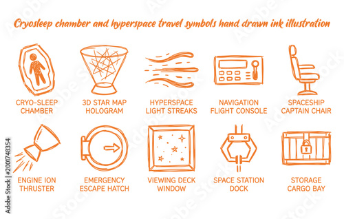 Cryosleep chamber and hyperspace travel symbols hand drawn ink illustration
