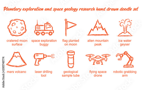 Planetary exploration and space geology research hand drawn doodle set
