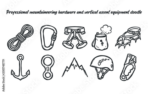 Professional mountaineering hardware and vertical ascent equipment doodle
