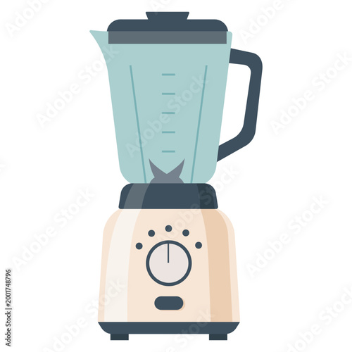Stationary electric kitchen blender in hand-drawn flat style, isolated countertop smoothie maker for healthy drinks and food preparation.