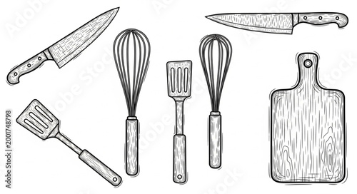Collection of Hand Drawn Kitchen Utensils and Tools.