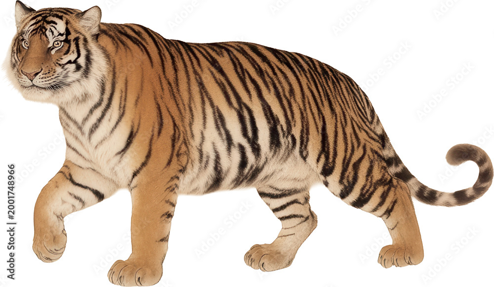 Obraz premium Majestic Tiger Striding, Isolated Full Body on White