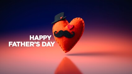 3d rendered mustache-shaped heart with hat, happy father's day message on gradient background
