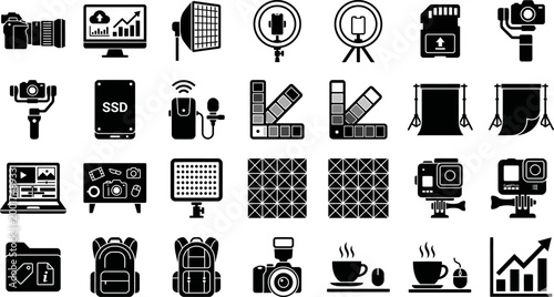 Camera equipment icons represent a comprehensive collection of tools for professional photographers and videographers to capture high quality digital content.