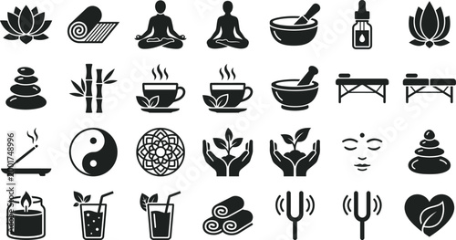 Wellness icons symbolize balance, meditation, and holistic health practices through a collection of zen-inspired graphic elements.