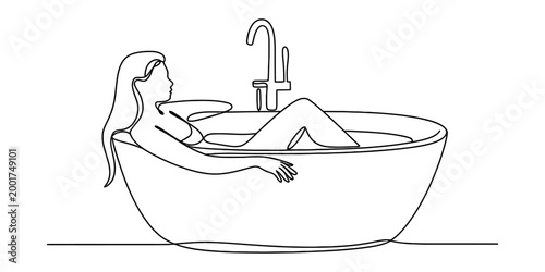Continuous single line drawing of a relaxed young woman taking a bath in a modern bathtub Vector, illustration