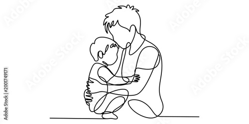 Slika na platnu Continuous single line drawing of a loving father hugging his small child Vector