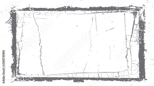 Distressed grunge rectangular frame with cracked texture and scattered dots on white background border