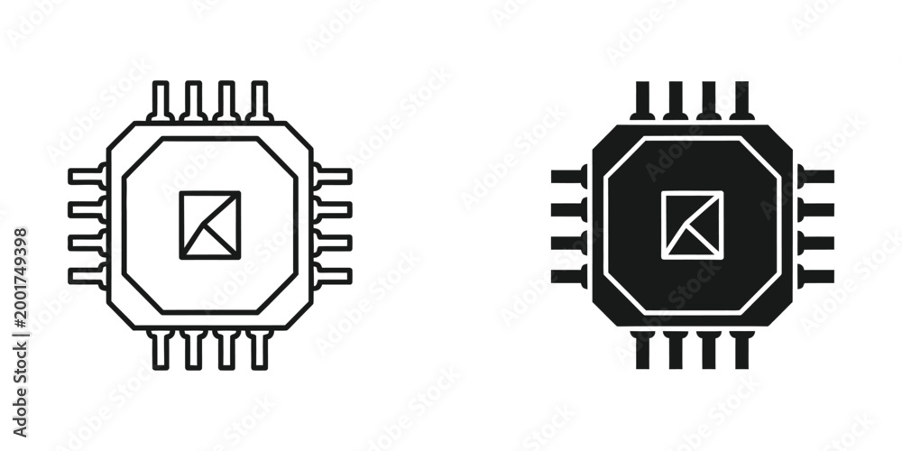 Fototapeta premium Modern black and white processor chip icon with pins