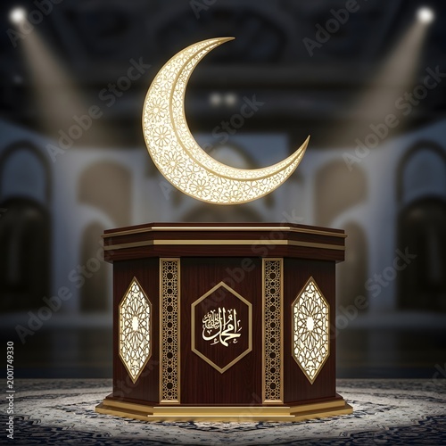Islamic mihrab with crescent moon and arabic calligraphy