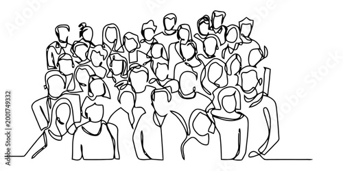 Fotografie Continuous line drawing of a large group of people standing together as a crowd