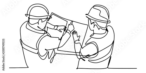 Continuous line drawing of two construction workers looking at a blueprint plan together Vector, illustration