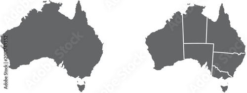 Australia Map Set with State Borders Dark Silhouette and Outline Vector Illustration
