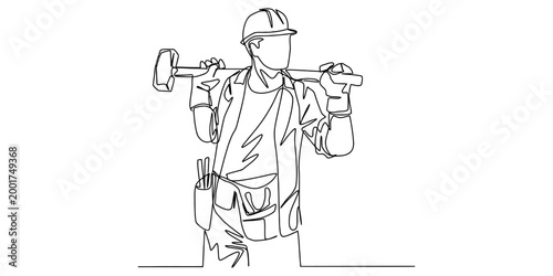 Continuous line drawing of a construction worker wearing a hard hat and holding a heavy sledgehammer on his shoulder Vector, illustration