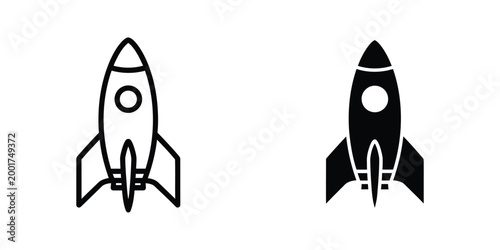 Black and white rocket ship icons set with flames
