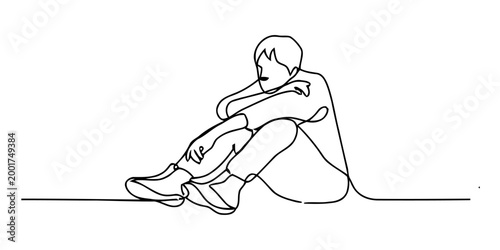 Sad lonely person sitting alone in a single continuous line drawing style representing mental health depression and solitude Vector, illustration