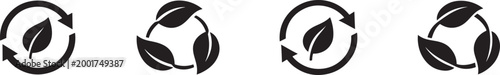Green leaf and arrow icons for biodegradable recyclable organic bio labels and eco packaging use