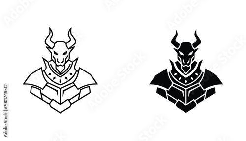 Fierce warrior demon mask vector graphic with horns and armor details in negative and positive form