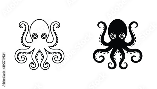 Cute octopus illustration vector graphic in outline and solid black versions on white background