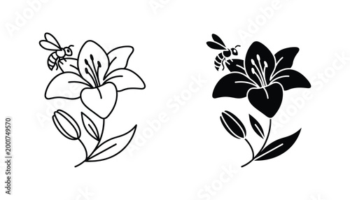 Stylized bee and lily flower outline and solid silhouette vector illustration icons on white background