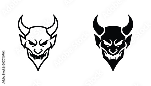 Intense devil face with sharp horns and teeth outline and solid silhouette vector illustration icons on white background