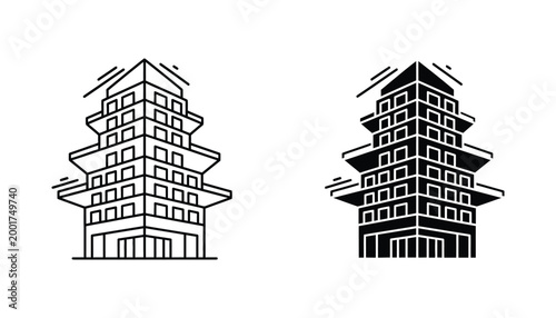 Architectural illustration of a pagoda building in outline and silhouette styles on white